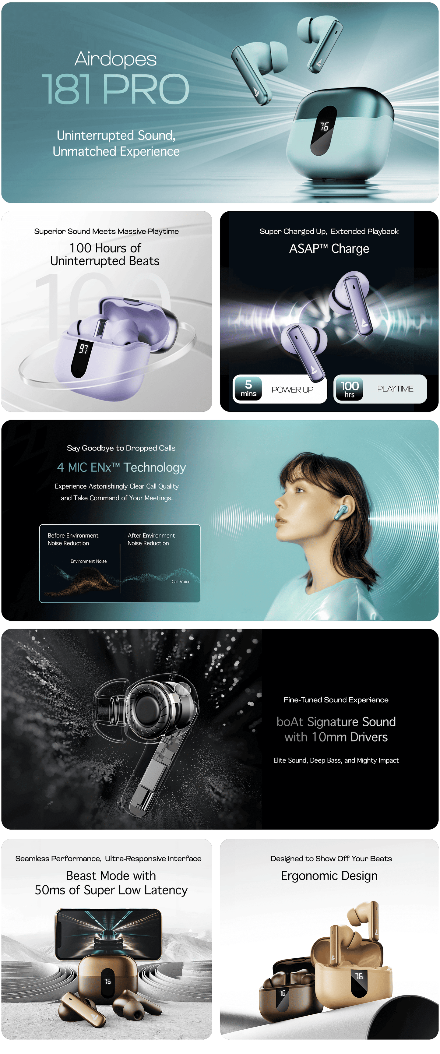 boAt Airdopes 181 Pro w/ 100 HRS Playback, 4 Mics ENx Technology & ASAP Charge Bluetooth (Mocha Elegance, True Wireless)